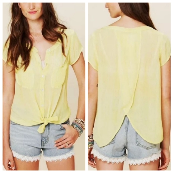 Free People Crinkle Split Back Blouse Tee - Picture 2 of 14